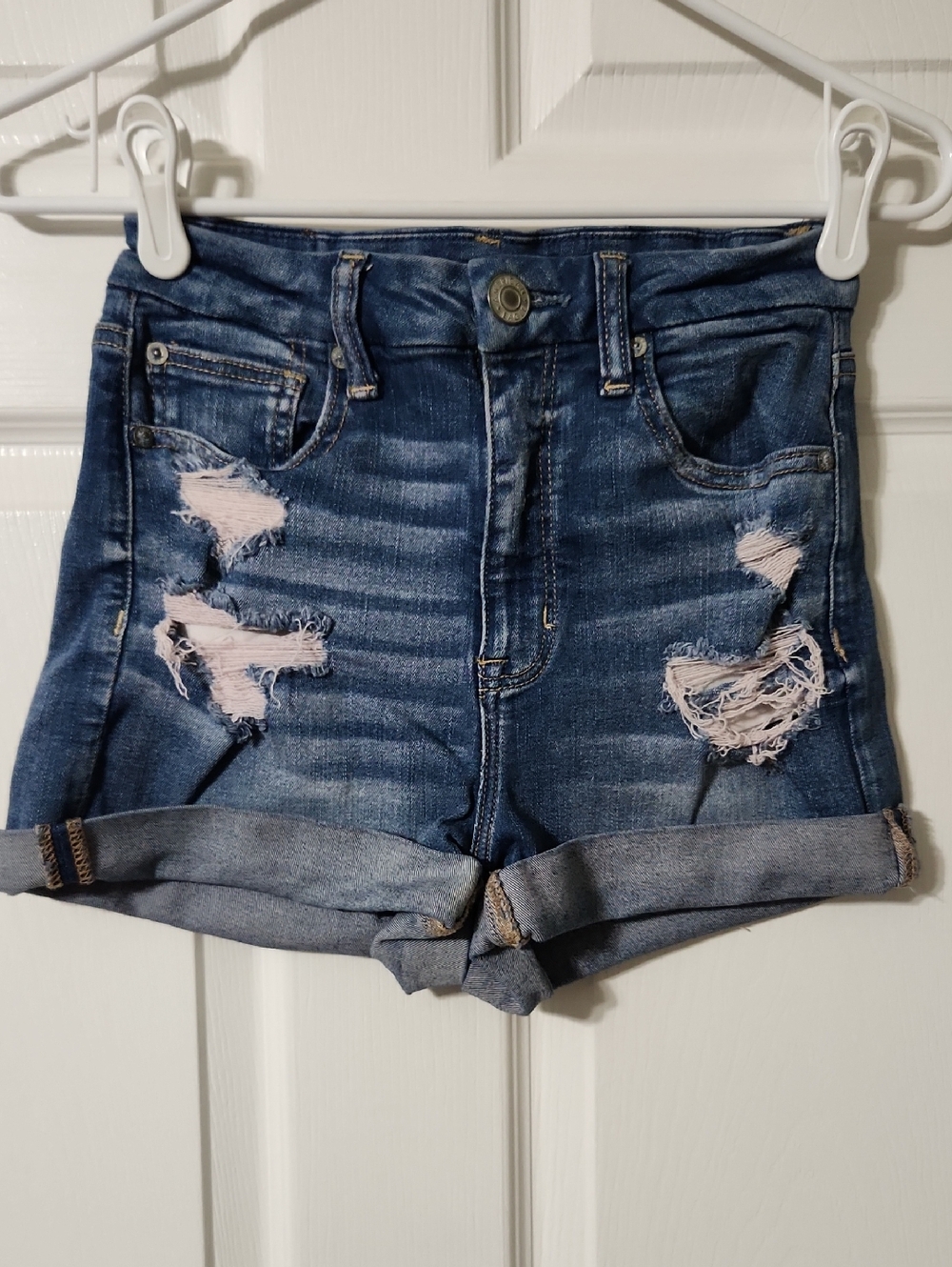 American Eagle, Curvy Hi-Rise Shortie, Distressed Med Blue Jean Shorts, Size 4